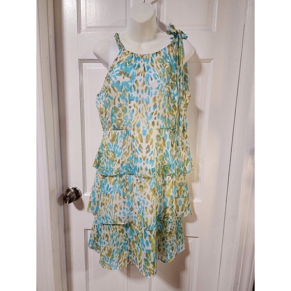 BCBGMaxAzria Blue and Green Animal Print
Tiered Sleeveless Chiffon Midi Dress XL